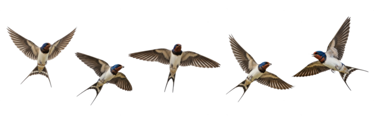Barn Swallow Hirundo rustica isolated on white, five birds flying soaring wings spread collection wildlife nature songbird set collage cutout