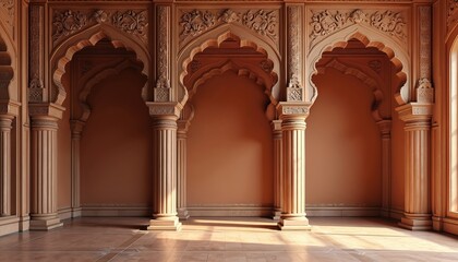 Opulent Indian classic luxury wall backdrop with intricate arches, columns. Ornate architectural design with reddish brown walls, floors. Sunlight casts shadows on floor. Empty space for product text