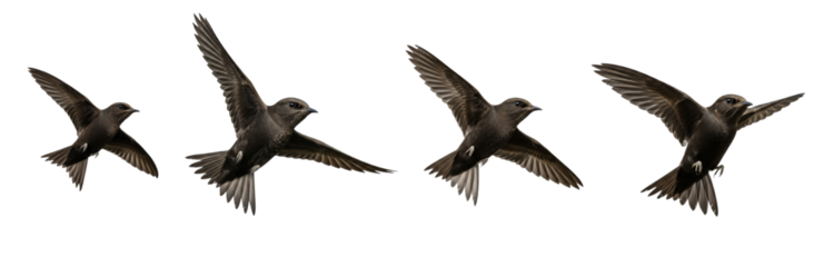 Purple Martin Progne subis isolated on white, four birds flying soaring wings spread collection wildlife nature songbird set collage cutout
