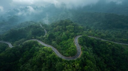 Aerial perspective of a winding asphalt highway cutting through dense emerald rainforest, dramatic serpentine curves climbing toward mist-covered highlands; lush tropical canopy, vibrant biodiversity,