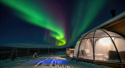 Luxurious glass dome cabin under the aurora borealis with warm interior glow and snowy landscape