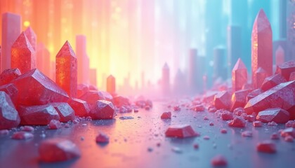 Red crystals, gems scatter on glossy floor. Blurry cityscape of crystal structures rises in distant background. Light creates vibrant pink, orange, blue gradient. Abstract scene bright, shiny, looks