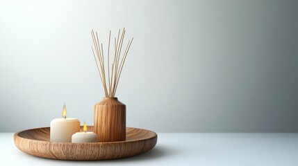 Rustic wooden plate with lit candles and reed diffuser