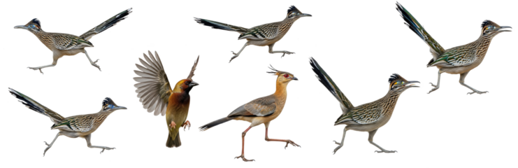 Greater Roadrunner Geococcyx californianus isolated on white, collection of birds running jumping wings spread wildlife nature cuckoo set collage