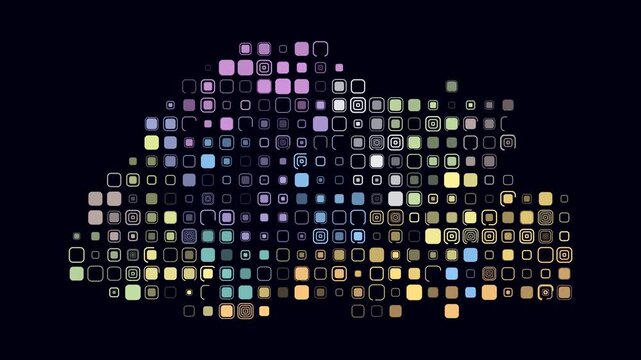 Bhutan map animation. Shape of the country with pulsating colored dots. Large size rounded square blocks. Digital style Bhutan map on dark background. Trending video.