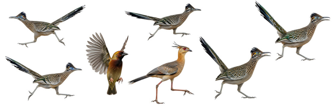 Greater Roadrunner Geococcyx californianus isolated on white, collection of birds running jumping wings spread wildlife nature cuckoo set collage