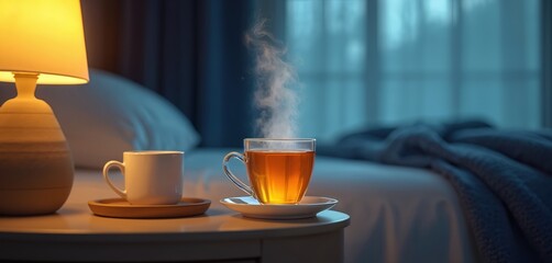 Warm chamomile tea steams on a nightstand, representing a calming bedtime ritual. The scene evokes relaxation and serenity promoting restful sleep. Its a simple moment of wellness and balance.