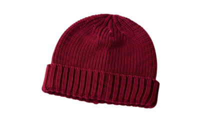 Closeup of a burgundy knit beanie with ribbed texture and folded cuff, cutout, PNG isolated on white or transparent background