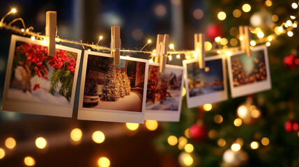 Christmas photos hanging, clothesline blurred festive, background warm bokeh, lights each picture, holiday scene display, memory garland concept, seasonal photo arrangement, defocu