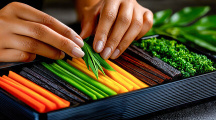 Expert hands arranging colorful vegetables in a black tray during a vibrant culinary preparation session in a modern kitchen