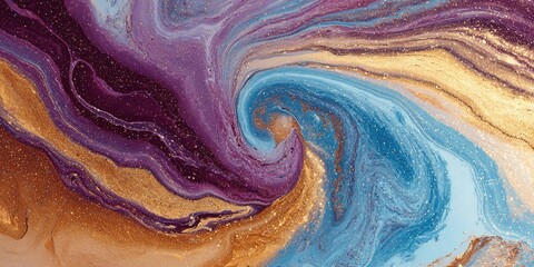 Dynamic abstract background imitating fluid art pattern spiral flow deep purple golden glitter fresh turquoise color