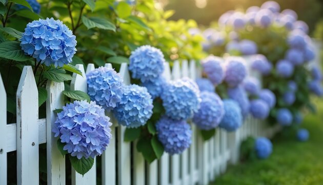 Blue hydrangeas bloom near a white picket fence in a garden. Lush green leaves and soft sunlight create a peaceful, inviting atmosphere. This scene evokes suburban charm and summer beauty. - Powered by Adobe