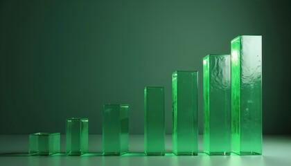 Green glass bars rising in a graph on a dark background. Bars are transparent and shiny, showing an upward trend. Green glass graph is on a dark surface with a dark wall behind it.