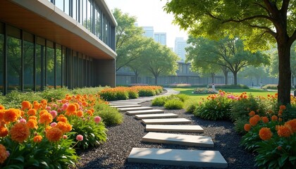 Obraz premium Modern office building with garden. Stone path leads through flowers and trees. Corporate campus with green spaces and urban skyline. Professional landscaper designs outdoor workspace.
