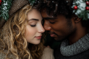 Obraz premium Romantic winter holiday kiss under mistletoe with couple in love during snowfall and Christmas decor, generative ai
