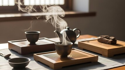 Traditional Chinese Tea Ceremony with Steaming Teapot and Teacup in Natural Light.