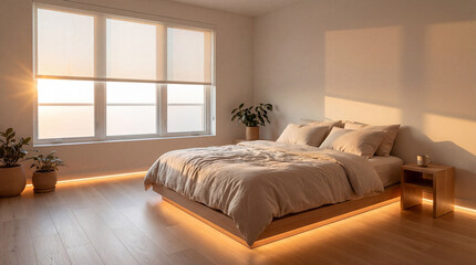 Modern minimalist bedroom with floating bed design and warm under-bed LED lighting at sunrise