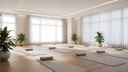 Empty Modern Yoga Studio Interior with Mats Bright Wellness and Fitness Space.