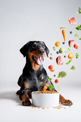 A vertical studio shot of a happy black and tan Doberman dog lying down behind a white ceramic bowl filled with dry kibble. Surrounding the dog are various fresh food ingredients floating in mid-air, 