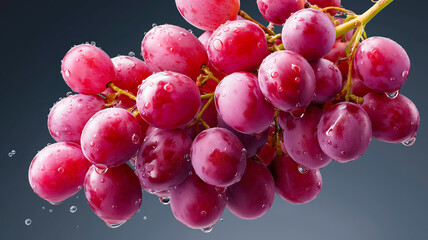 A close-up, studio shot of a cluster of fresh red grapes hanging against a dark grey gradient background. The grapes are vibrant red and purple in color, attached to a green stem, and are covered in n