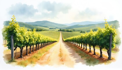 Obraz premium Watercolor painting of vineyard with rows of grapevines on both sides of dirt road. Green hills and mountains in background. Cloudy sky above. Scenic landscape with rolling hills.
