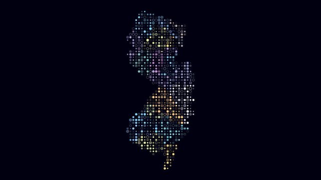 New Jersey animated shape. Pulsating colored dots on the map of the state. Small size circle blocks. Digital style New Jersey map on dark background. Classy animation video.