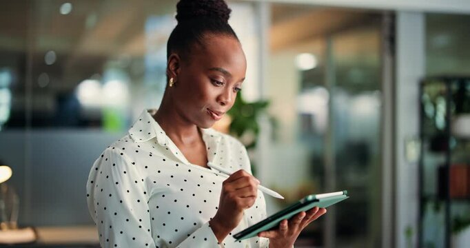 Tablet, pen and black woman in workplace for business, article or headline research at night. Technology, news and happy journalist in office for story, fact check or publication deadline with stylus