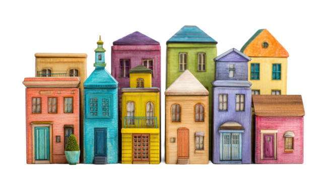Colorful Toy Townhouses on Transparent Background - Powered by Adobe