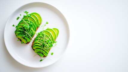 A top-down, flat lay photograph features two slices of toasted dark bread topped with fanned slices of fresh green avocado. The toast is garnished with delicate microgreens and sprinkled with white se