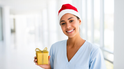 A portrait of a smiling young female nurse wearing blue medical scrubs and a red Santa Claus hat. She is holding a small, gold-wrapped gift box with a ribbon in her hand. The background is a bright, b