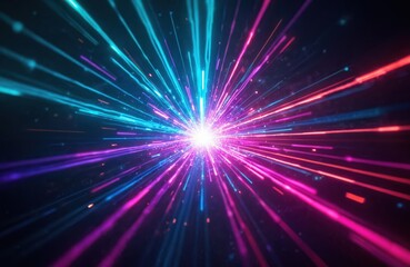 Obraz premium Bright light burst with colorful rays spreads across dark space. Blue, pink, purple energy streaks move fast, creating dynamic motion. Represents data flow, future tech, global innovation, digital.