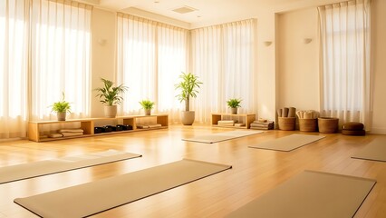 Empty Yoga Studio with Natural Light Serene Meditation Room Wellness Space Yoga Mats.