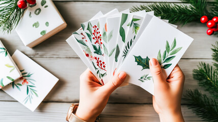 A top-down flat lay photograph showing a pair of hands holding a fanned-out set of white greeting cards featuring watercolor botanical illustrations of holly, berries, and pine leaves. The scene is se