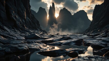 A dark, textured landscape of black rocks and pools reflects a hazy, bright light source. Stark contrast and depth create a dramatic, expansive view.