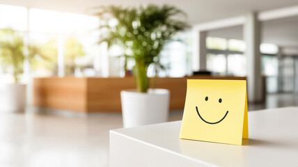 A close-up shot of a yellow sticky note with a simple black smiley face drawn on it, standing upright on a white surface. The background is a blurred, bright modern office or reception area featuring 