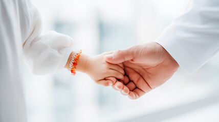 A close-up, horizontal photograph showing an adult hand gently holding a small child's hand. The adult, possibly a father or a doctor, has a large hand with fair skin and wears a clean white long-slee