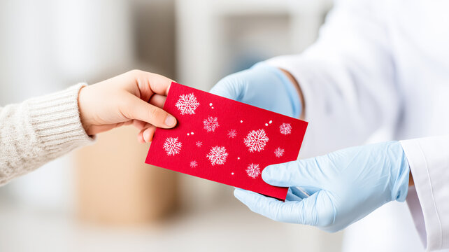 A close-up photograph showing the hands of a child patient giving a red Christmas card to a medical professional. The child, wearing a beige sweater, holds a red card adorned with white snowflake illu
