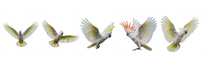 Sulphur-crested Cockatoo Cacatua galerita isolated on white, five birds flying landing wings spread parrot collection wildlife nature bird set collage cut out