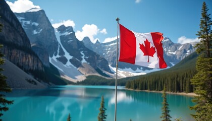 Canadian flag waves over stunning blue lake and snow capped mountains. Evergreen forest lines calm water. Bright sunny day in natural park landscape. Iconic north american scenery.