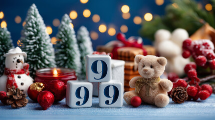 Number decorated Christmas, toys seasonal celebration, display New Year, festive countdown scene, holiday decoration emphasis, winter celebration visual, numerical display concept,