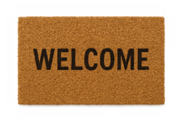 Welcome doormat creating a friendly entrance to home, displaying text on brown coir rug, isolated with transparent background