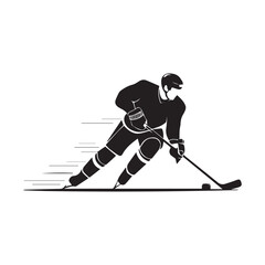 Fototapeta premium Black Silhouette of an Ice Hockey Player Skating Fast with Puck and Stick.