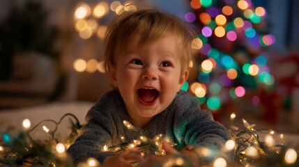 Funny family baby, tangled Christmas lights, laughing celebrating together, humorous holiday chaos, festive fun cozy, home greeting card, content lifestyle display, faceless family