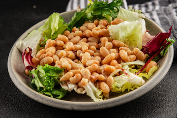 Bean salad tasty snack fresh delicious gourmet food table setting rustic food top view copy space keto and paleo diet vegetarian and vegan food
