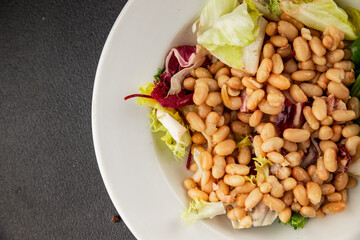 Bean salad tasty snack fresh delicious gourmet food table setting rustic food top view copy space keto and paleo diet vegetarian and vegan food