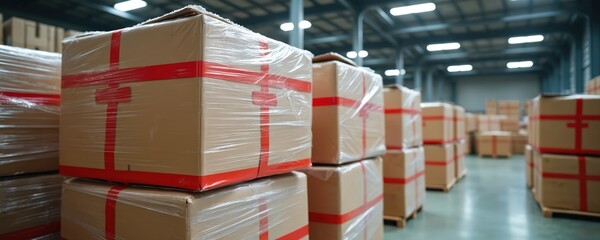 Warehouse interior with stacked cardboard boxes wrapped in red plastic. Industrial setting with high ceilings, bright lighting. Boxes neatly arranged, suggesting efficient storage, logistics. Scene