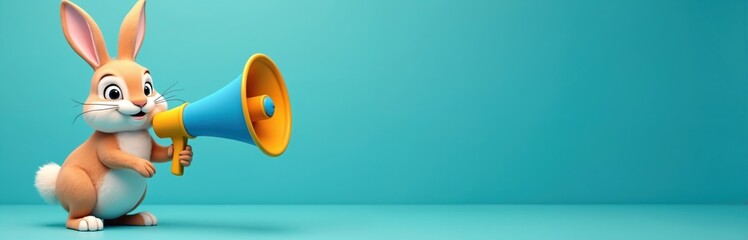 Cute bunny rabbit holds a large megaphone banner against a vibrant blue background. The illustration suggests an announcement or promotion with energetic expression.