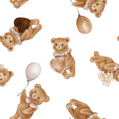 Seamless pattern with Watercolor Cute Teddy Bear Holding balloon and heart. Repeat ornament with Valentine Brown bear toy with vintage Jabot collar and daisy. Illustration hand drawn on isolated.