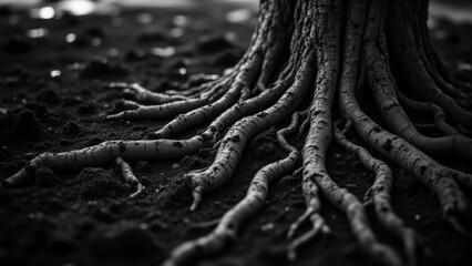 Intricate root system emerges from dark earth. Macro view highlights textures & subtle light play. Creates a sense of organic complexity & grounded strength.
