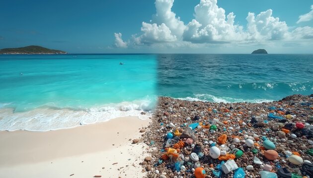 Split view of ocean beach. Left side shows clean white sand and turquoise water. Right side shows shore littered with plastic trash debris. Environmental pollution concept.